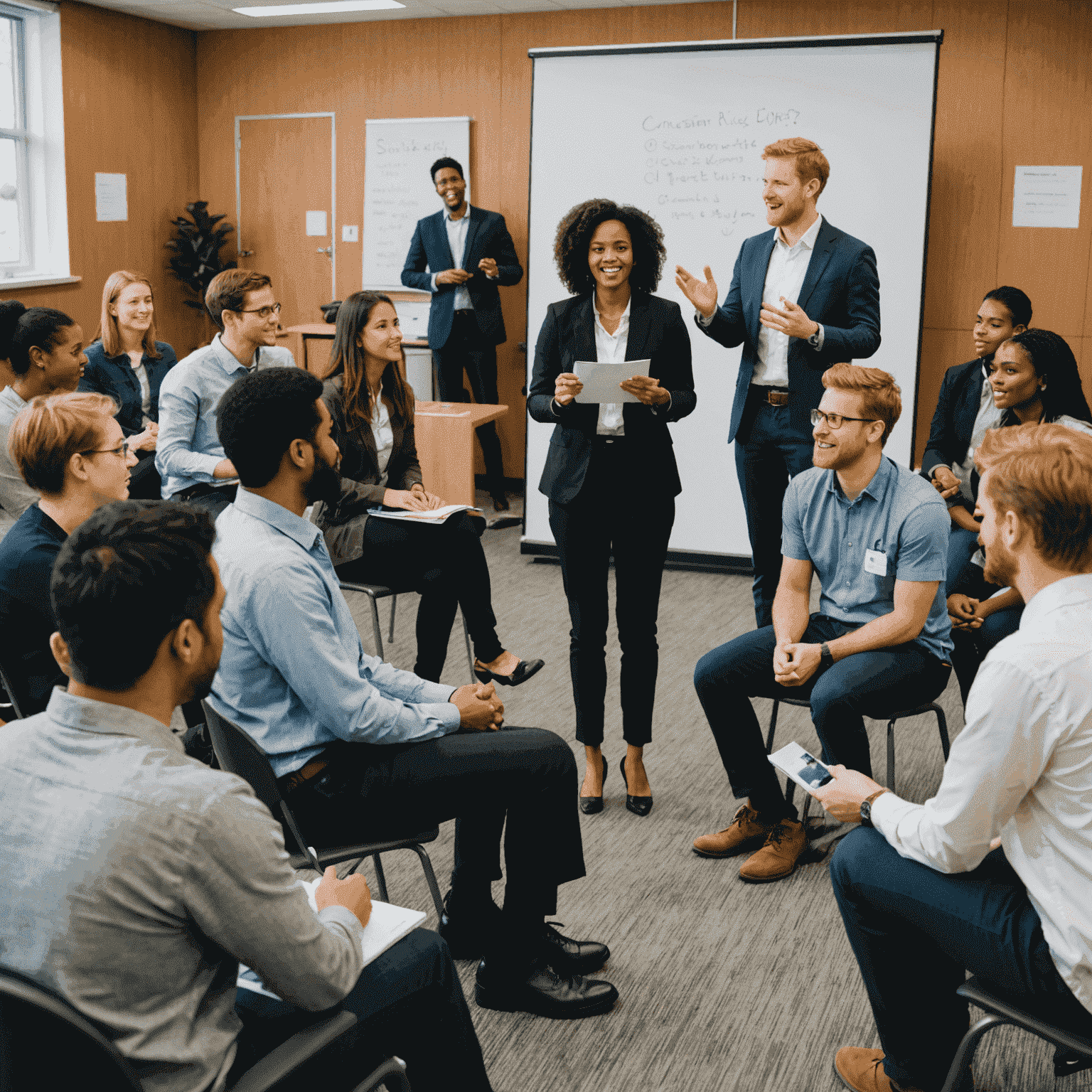 A diverse group of Canadian professionals and students engaged in a public speaking workshop, with a facilitator guiding them through presentation techniques. The image showcases the inclusive and collaborative nature of SpeakUp Academy's approach to communication skills development.