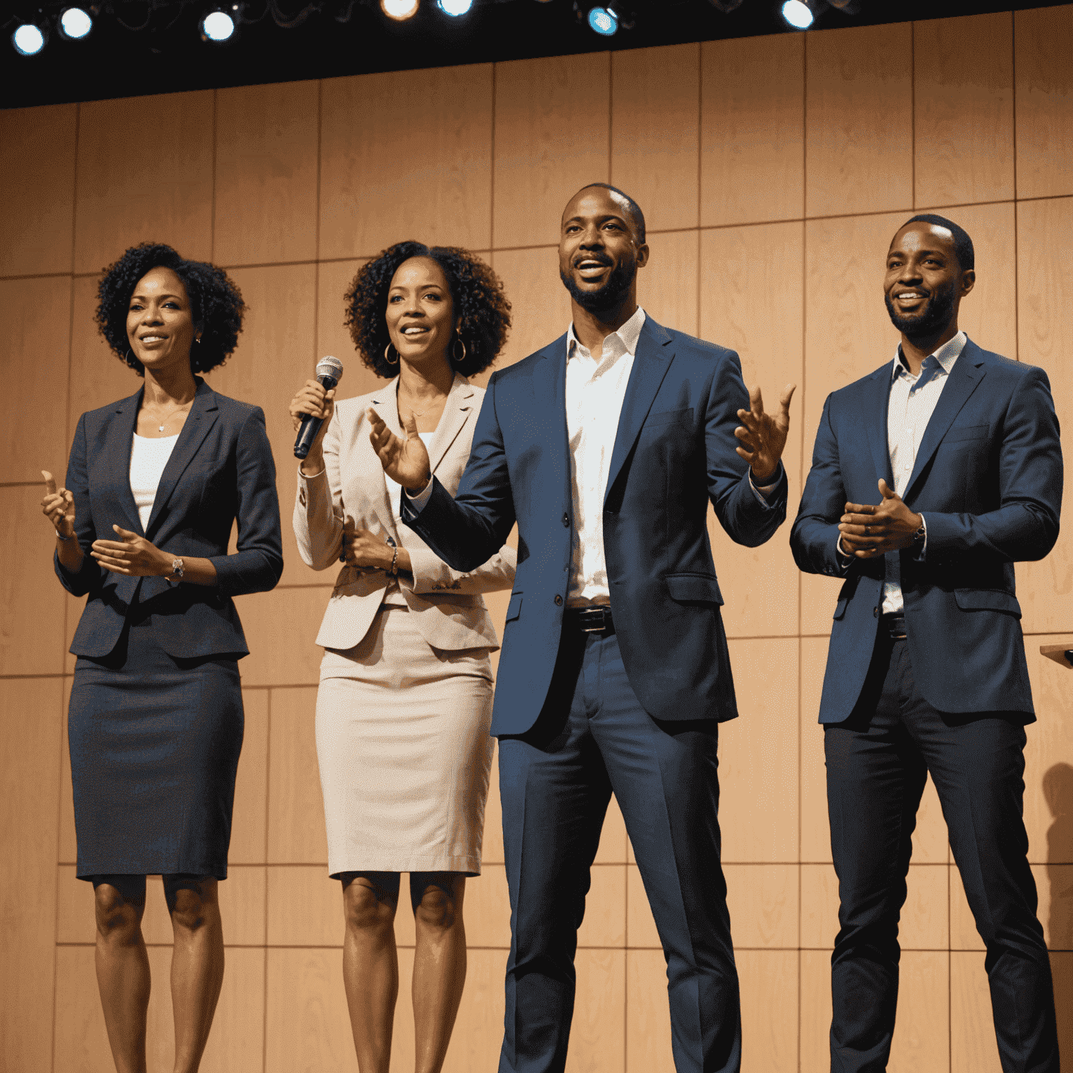 A diverse group of confident speakers on stage, showcasing various public speaking poses and gestures