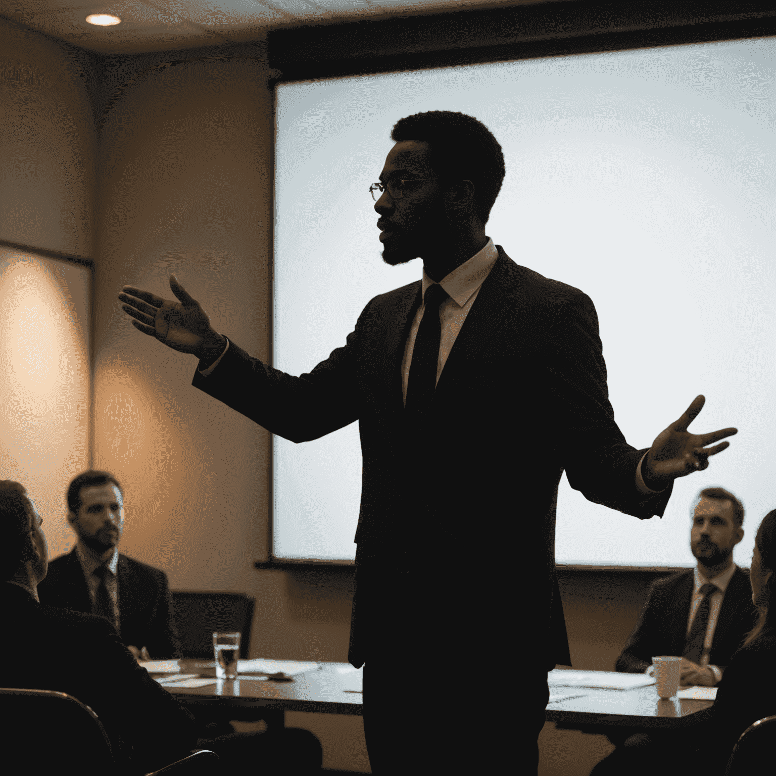 Silhouette of a confident speaker gesturing during a presentation