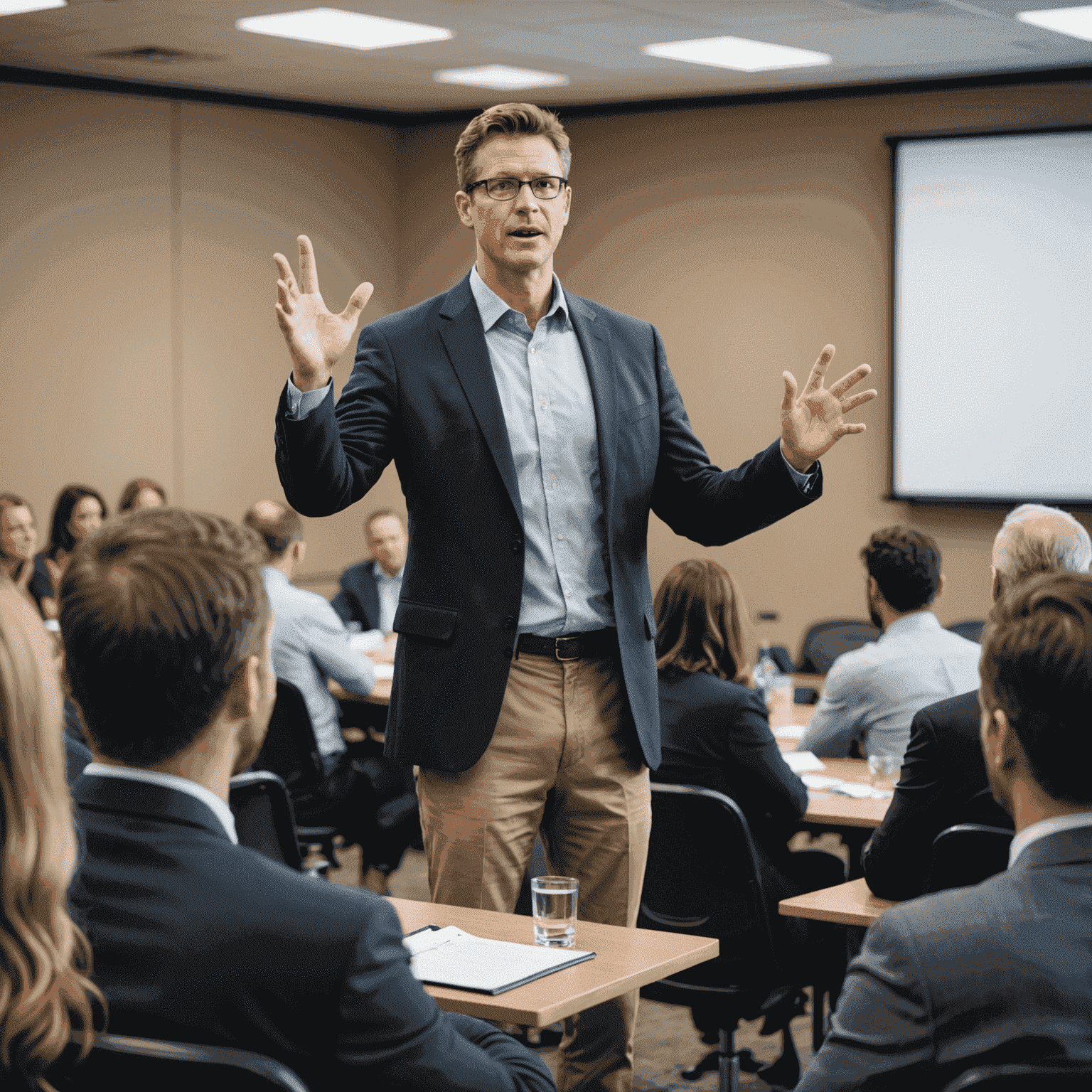 A confident speaker using expressive hand gestures while addressing an attentive audience in a professional conference setting. The speaker's posture is upright, making eye contact with various audience members.
