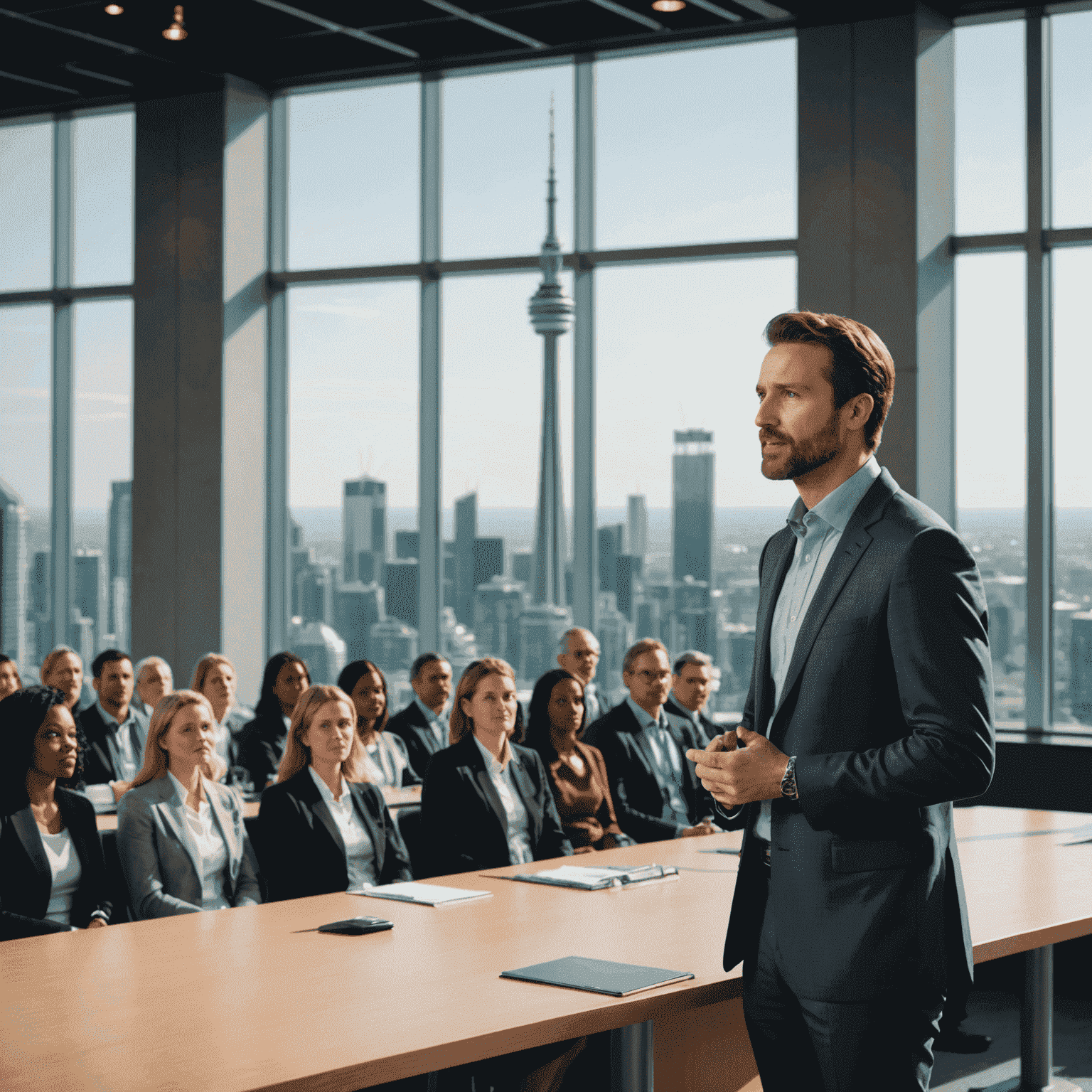 A Canadian presenter confidently speaking to a diverse audience in a modern conference hall, with the CN Tower visible through large windows