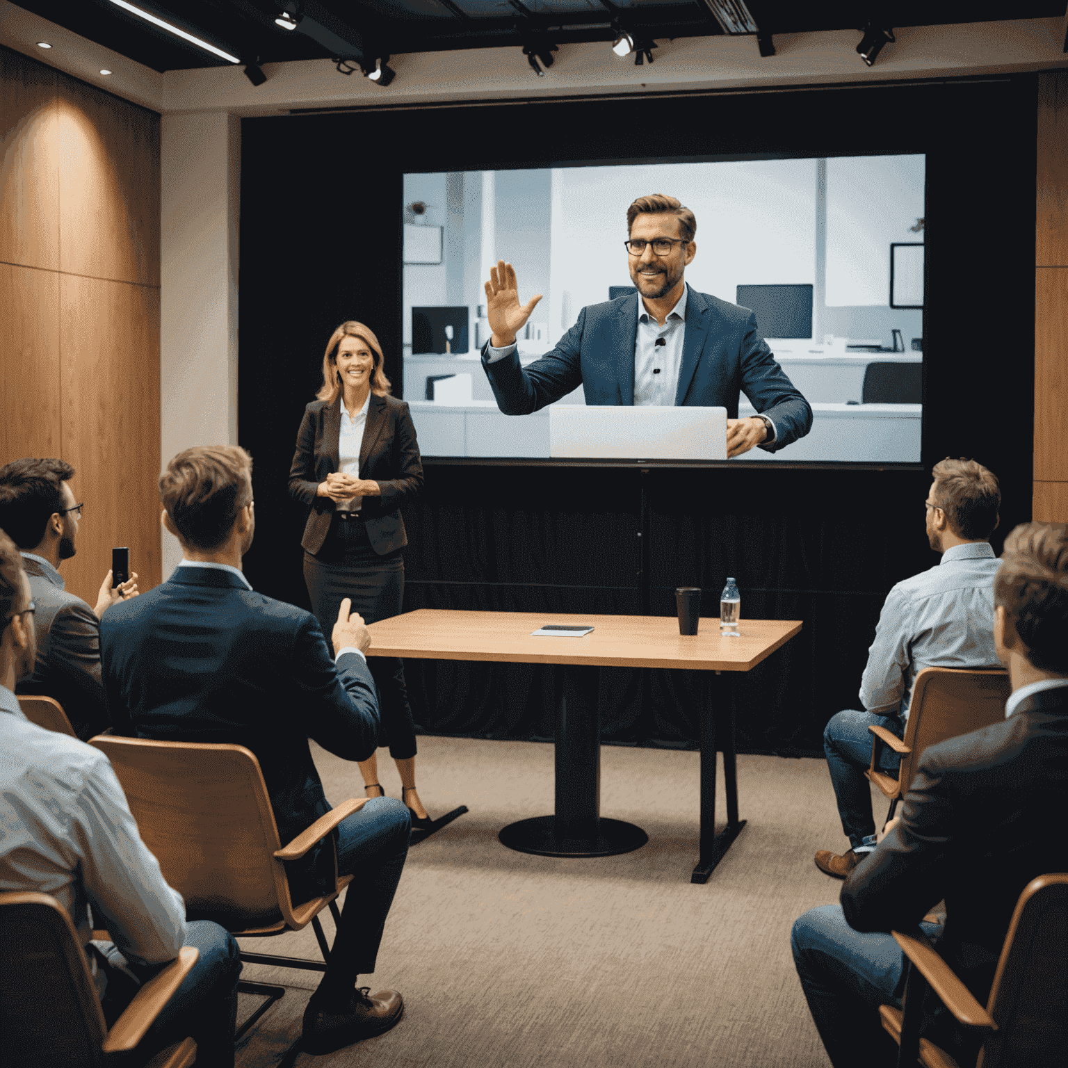 A professional speaker engaging an audience with a compelling story, using expressive hand gestures and maintaining eye contact. The background shows a large screen with a visually appealing presentation slide.