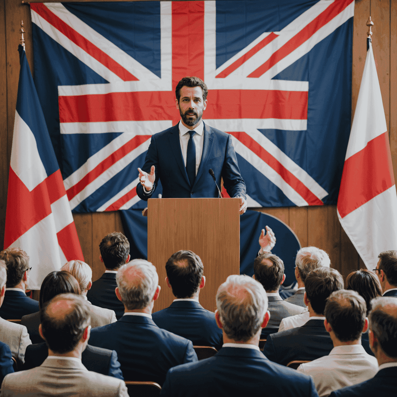 A professional speaker addressing a diverse audience with English and French flags in the background, symbolizing bilingual communication