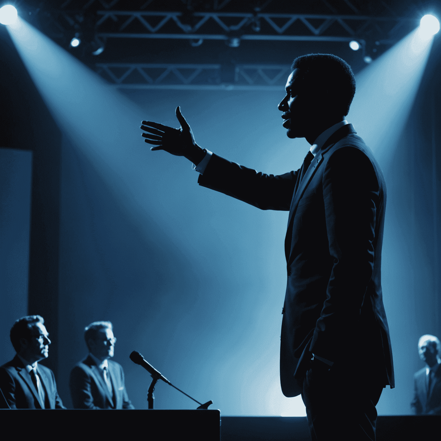 A silhouette of a confident speaker using expressive hand gestures on stage, with a subtle blue overlay