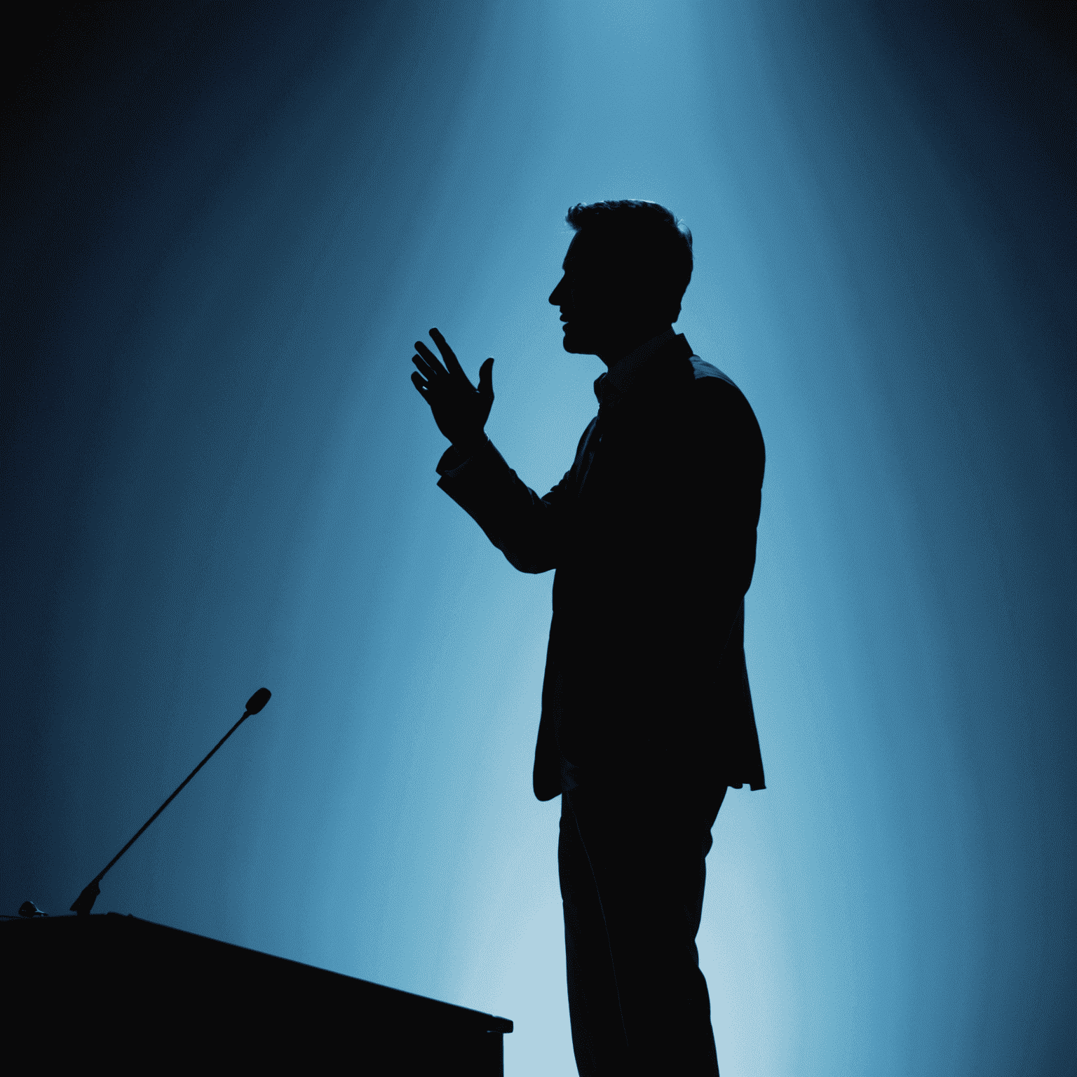 A silhouette of a confident speaker using expressive hand gestures on stage, with a subtle blue gradient overlay
