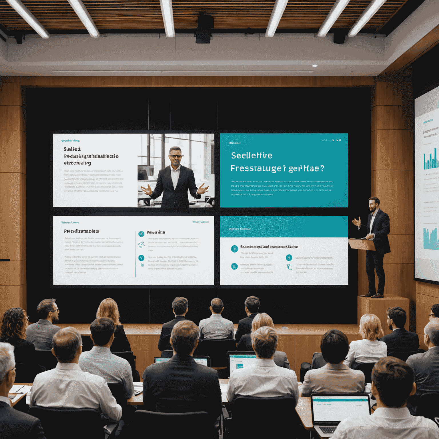 A split-screen image showing two business presentations side-by-side. On the left, a traditional bullet-point heavy slide with a disengaged audience. On the right, a storytelling approach with an engaged, attentive audience and a visually appealing slide.