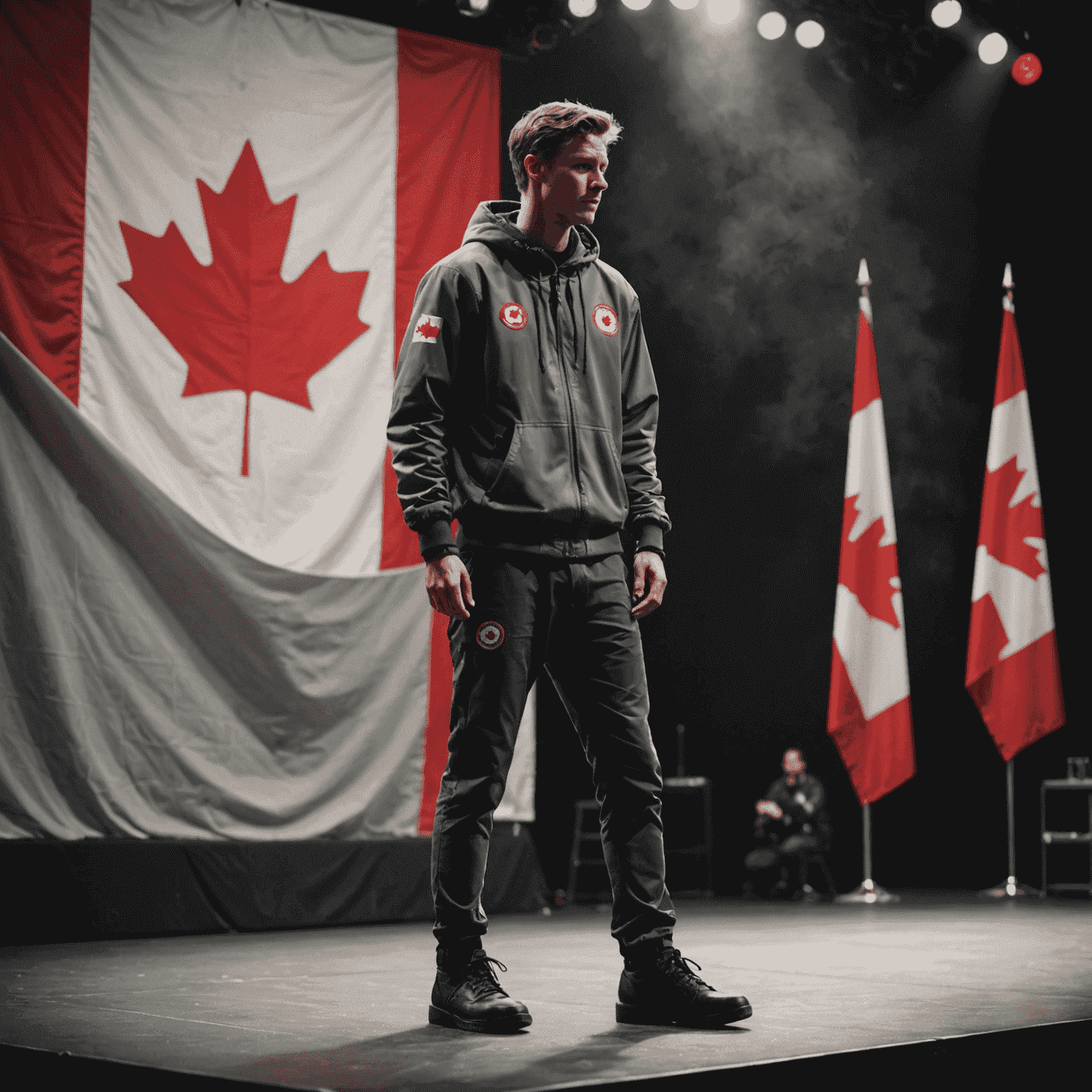 A desaturated image of a person taking a deep breath before stepping onto a stage, with Canadian flag in the background