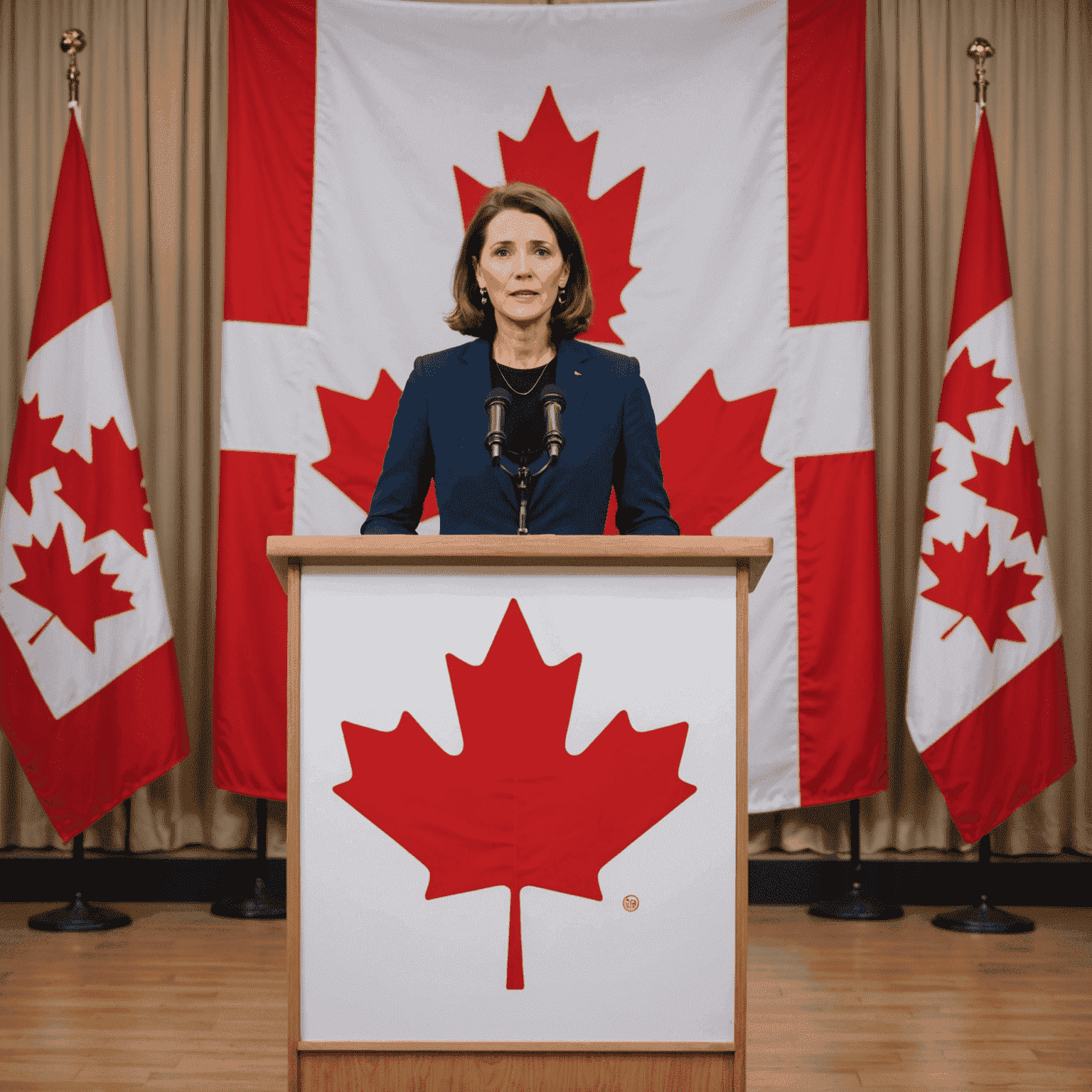 A Canadian flag backdrop with a person confidently speaking at a podium, overcoming nervousness