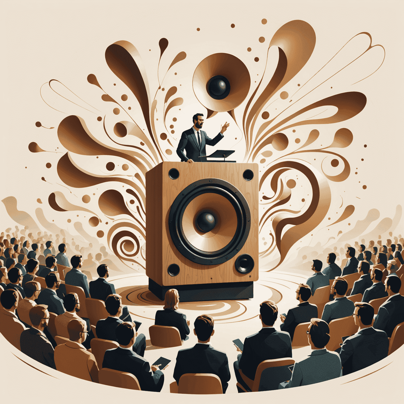 An illustration of a speaker captivating an audience with a story, represented by flowing abstract shapes