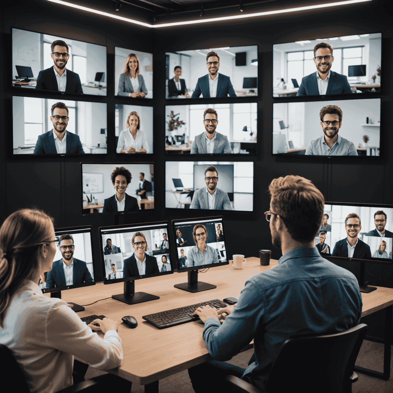 A speaker engaging with a virtual audience through multiple screens, demonstrating online presence