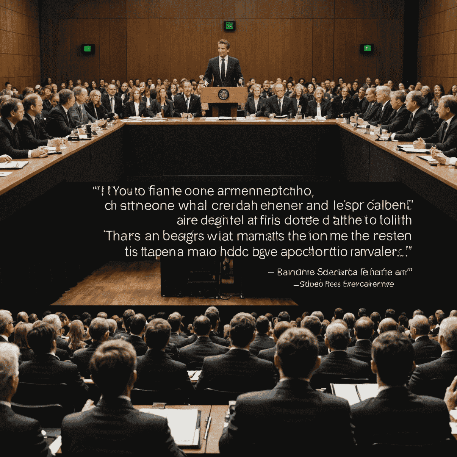 A split image showing a speaker addressing an audience with both English and French text overlays